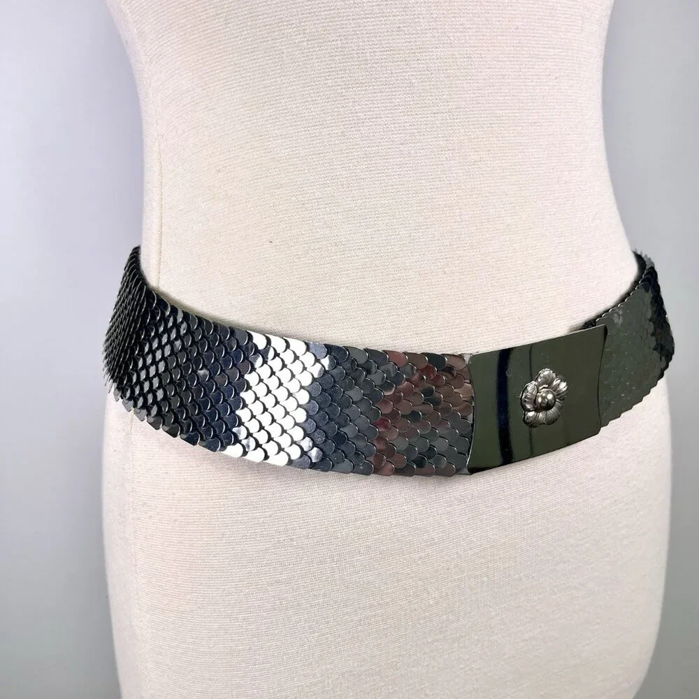 Vtg 70s Silver Metal Fish Scale Belt Stretch Western Boho Hippie Disco 28-38” - Picture 6 of 8